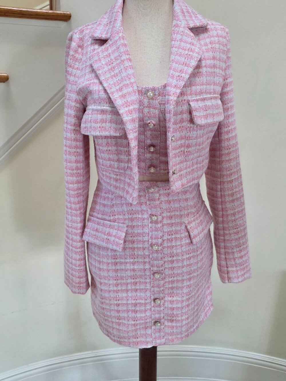 Cider 3-Piece Pink Tweed Set - Blazer, Bustier & Skirt Chanel Vibe XS